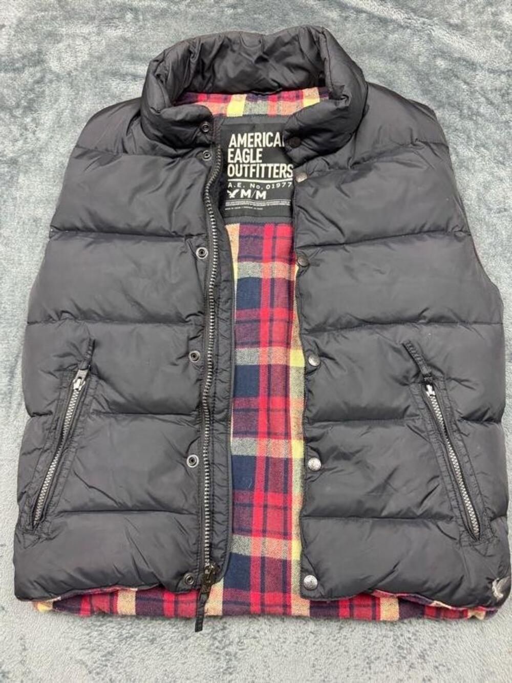 American Eagle Outfitters Vest Mens M Black Puffer Flannel Lined Zip Pockets